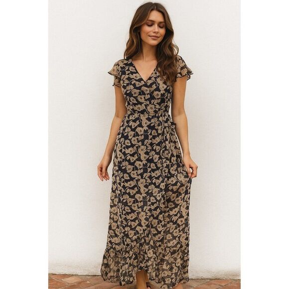 Band of Gypsies Taupe Navy Floral Wrap Boho Maxi Dress - Picture 1 of 9